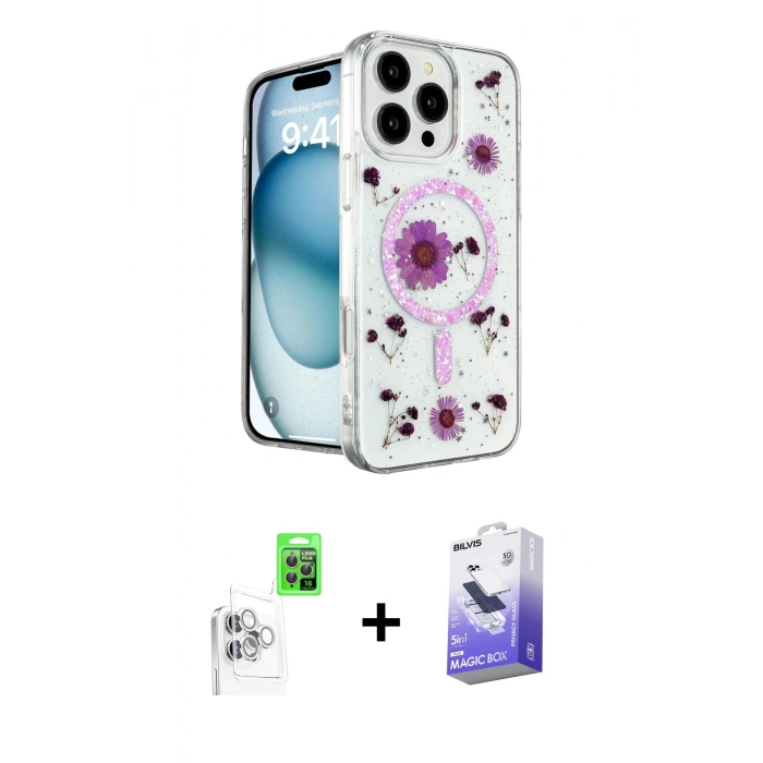 MARSİLYAN™- iPhone 16 Pro Kılıf Kozmos Doku - Siyah Bilvis 5in1 5D Magic Hayalet Cam Ekran Koruyucu + Raze Metal Kamera Lens - BZ