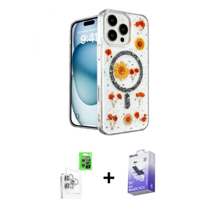 MARSİLYAN™- iPhone 16 Pro Kılıf Kozmos Doku - Siyah Bilvis 5in1 5D Magic Hayalet Cam Ekran Koruyucu + Raze Metal Kamera Lens - BZ