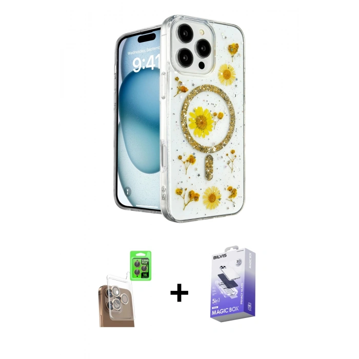 MARSİLYAN™- iPhone 16 Pro Kılıf Kozmos Doku - Siyah Bilvis 5in1 5D Magic Hayalet Cam Ekran Koruyucu + Raze Metal Kamera Lens - CLTM