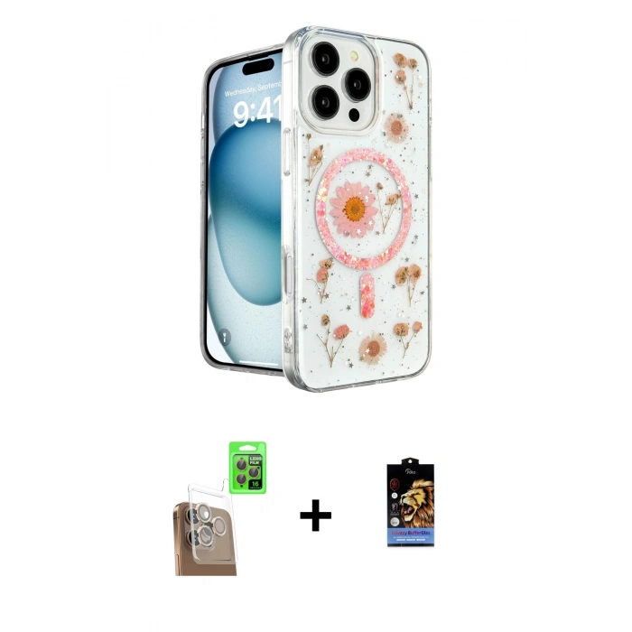 MARSİLYAN™- iPhone 16 Pro Kılıf Kozmos Doku - Siyah Buffer Hayalet Cam Ekran Koruyucu + Çöl Titanyum Raze Metal Kamera Lens