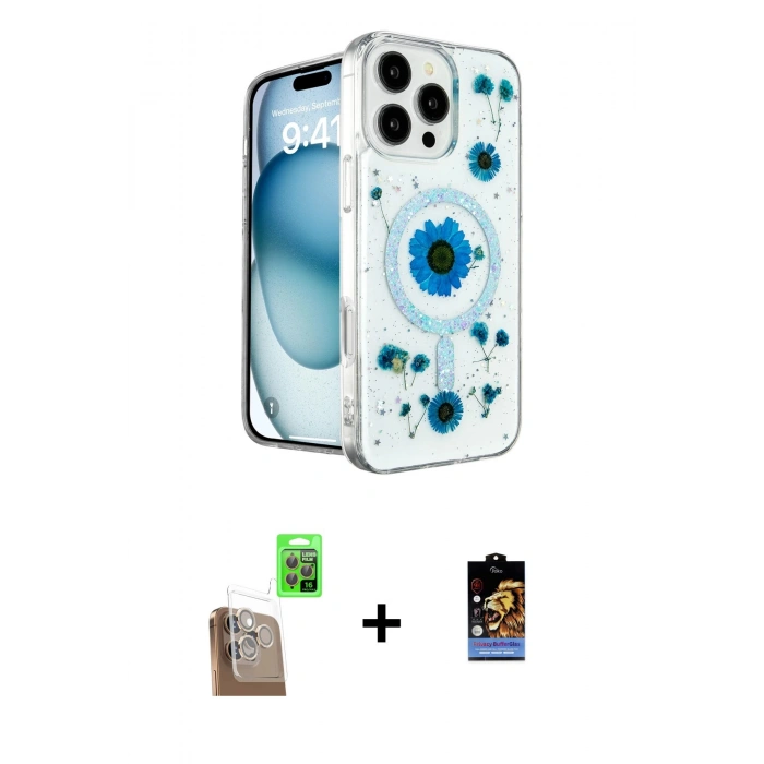 MARSİLYAN™- iPhone 16 Pro Kılıf Kozmos Doku - Siyah Buffer Hayalet Cam Ekran Koruyucu + Çöl Titanyum Raze Metal Kamera Lens