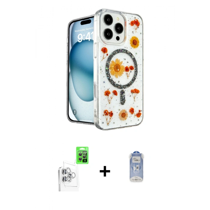 MARSİLYAN™- iPhone 16 Pro Kılıf Kozmos Doku - Siyah Joko Magic 5D Cam + Beyaz Raze Metal Kamera Lens