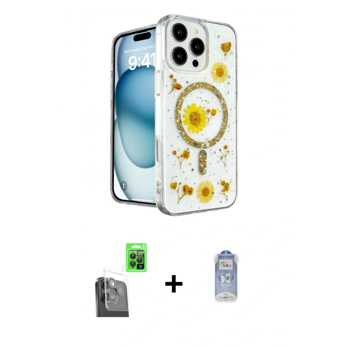 MARSİLYAN™- iPhone 16 Pro Kılıf Kozmos Doku - Siyah Joko Magic 5D Cam + Raze Metal Kamera Lens - SH