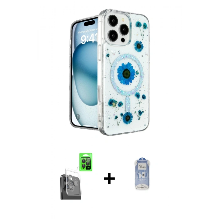MARSİLYAN™- iPhone 16 Pro Kılıf Kozmos Doku - Siyah Joko Magic 5D Cam + Raze Metal Kamera Lens - SH