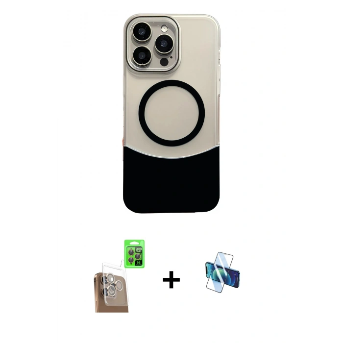 MARSİLYAN™- iPhone 16 Pro Kılıf Kozmos Form Özel Seri - Siyah 3D Antistatik Seramik Nano Ekran Koruyucu + Çöl Titanyum Raze Metal Kamera Lens