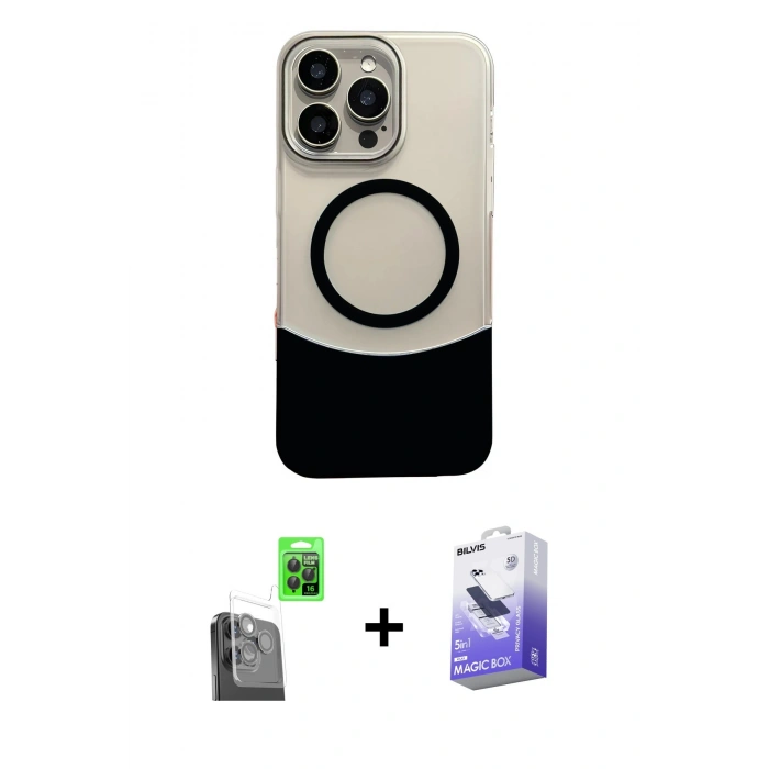 MARSİLYAN™- iPhone 16 Pro Kılıf Kozmos Form Özel Seri - Siyah Bilvis 5in1 5D Magic Hayalet Cam Ekran Koruyucu + Raze Metal Kamera Lens - SH