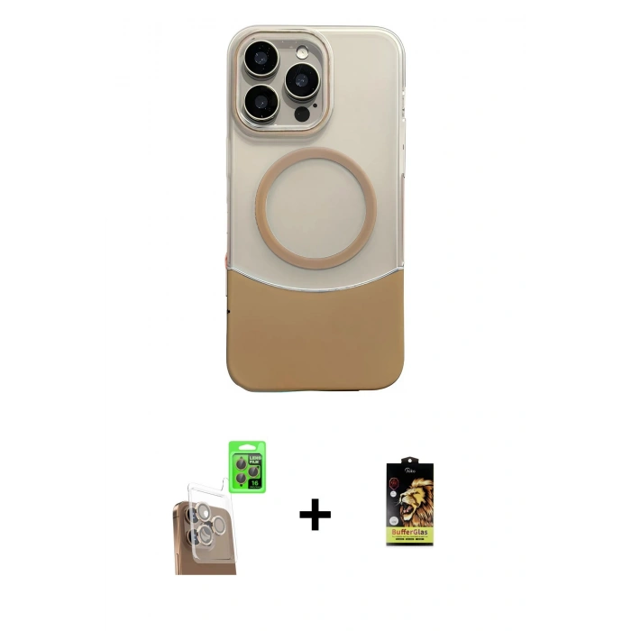 MARSİLYAN™- iPhone 16 Pro Kılıf Kozmos Form Özel Seri - Siyah Buffer Cam Ekran Koruyucu + Çöl Titanyum Raze Metal Kamera Lens