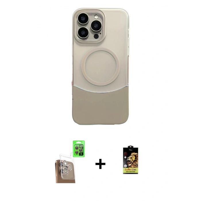 MARSİLYAN™- iPhone 16 Pro Kılıf Kozmos Form Özel Seri - Siyah Buffer Cam Ekran Koruyucu + Çöl Titanyum Raze Metal Kamera Lens