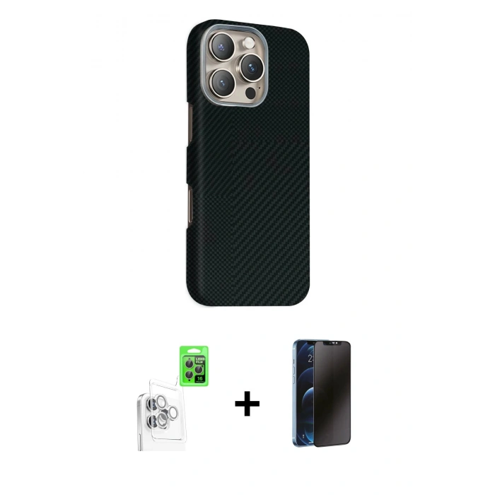 MARSİLYAN™- iPhone 16 Pro Kılıf Kozmos Klasik Prime - Siyah 3D Antistatik Hayalet Cam Ekran Koruyucu + Raze Metal Kamera Lens - BZ