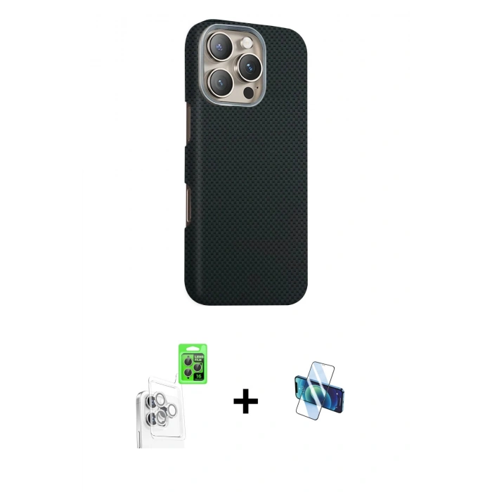 MARSİLYAN™- iPhone 16 Pro Kılıf Kozmos Klasik Prime - Siyah 3D Antistatik Seramik Nano Ekran Koruyucu + Raze Metal Kamera Lens - BZ