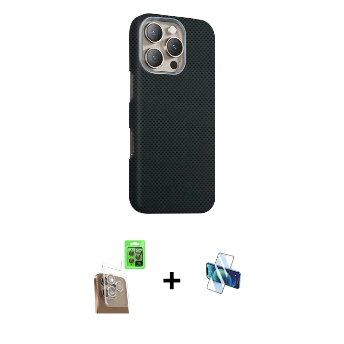 MARSİLYAN™- iPhone 16 Pro Kılıf Kozmos Klasik Prime - Siyah 3D Antistatik Seramik Nano Ekran Koruyucu + Raze Metal Kamera Lens - CLTM