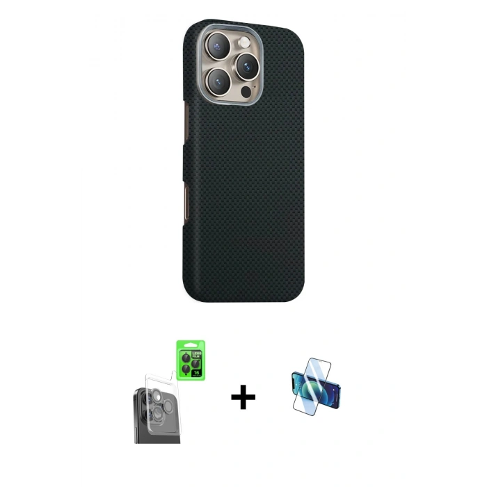 MARSİLYAN™- iPhone 16 Pro Kılıf Kozmos Klasik Prime - Siyah 3D Antistatik Seramik Nano Ekran Koruyucu + Raze Metal Kamera Lens - SH