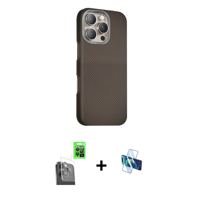 MARSİLYAN™- iPhone 16 Pro Kılıf Kozmos Klasik Prime - Siyah 3D Antistatik Seramik Nano Ekran Koruyucu + Raze Metal Kamera Lens - SH