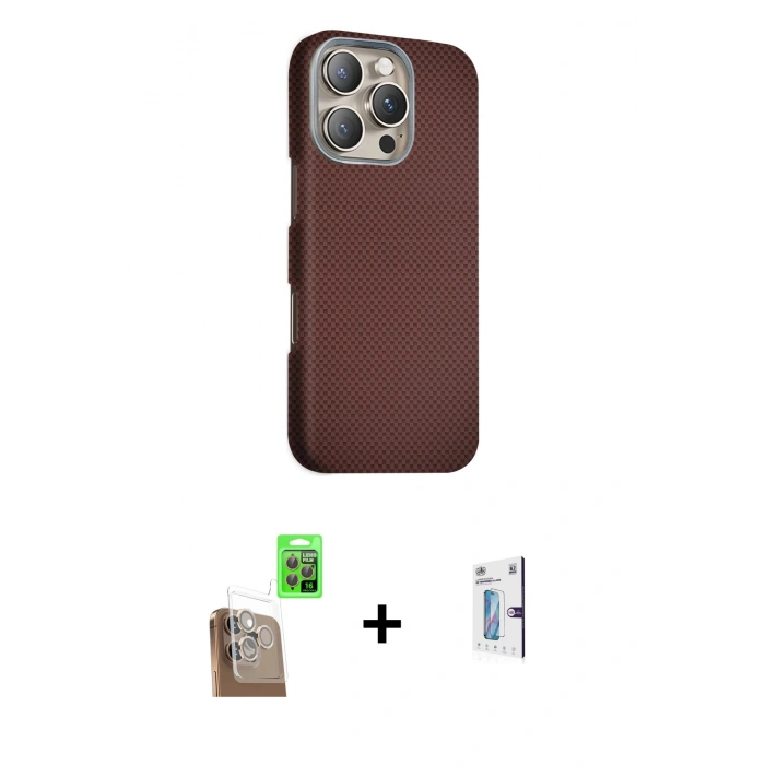 MARSİLYAN™- iPhone 16 Pro Kılıf Kozmos Klasik Prime - Siyah Bilvis 0.18mm Plus Cam Ekran Koruyucu + Çöl Titanyum Raze Metal Kamera Lens