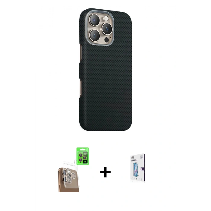 MARSİLYAN™- iPhone 16 Pro Kılıf Kozmos Klasik Prime - Siyah Bilvis 0.18mm Plus Cam Ekran Koruyucu + Çöl Titanyum Raze Metal Kamera Lens