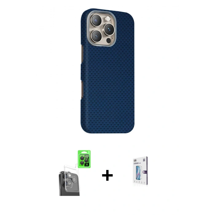 MARSİLYAN™- iPhone 16 Pro Kılıf Kozmos Klasik Prime - Siyah Bilvis 0.18mm Plus Cam Ekran Koruyucu + Raze Metal Kamera Lens - SH