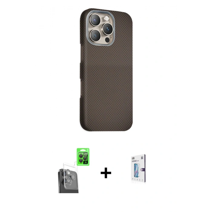 MARSİLYAN™- iPhone 16 Pro Kılıf Kozmos Klasik Prime - Siyah Bilvis 0.18mm Plus Cam Ekran Koruyucu + Raze Metal Kamera Lens - SH