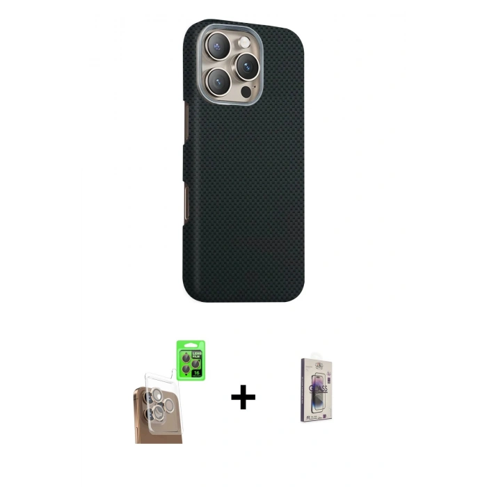 MARSİLYAN™- iPhone 16 Pro Kılıf Kozmos Klasik Prime - Siyah Bilvis 3D Cam Ekran Koruyucu + Raze Metal Kamera Lens - CLTM
