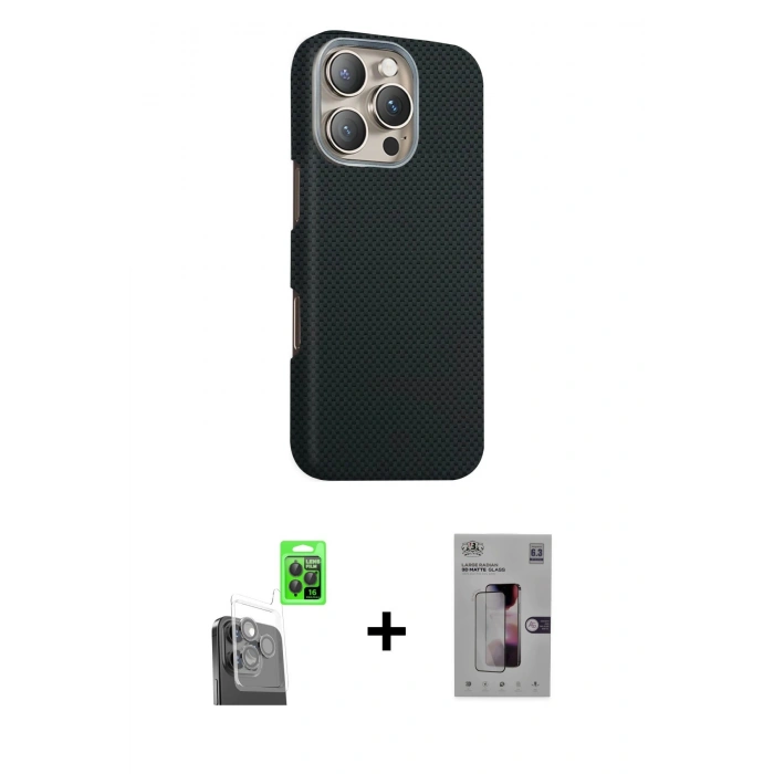 MARSİLYAN™- iPhone 16 Pro Kılıf Kozmos Klasik Prime - Siyah Bilvis 3D Mat Cam Ekran Koruyucu + Raze Metal Kamera Lens - SH