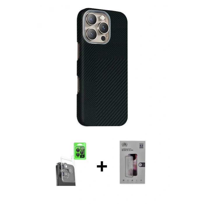 MARSİLYAN™- iPhone 16 Pro Kılıf Kozmos Klasik Prime - Siyah Bilvis 3D Mat Cam Ekran Koruyucu + Raze Metal Kamera Lens - SH