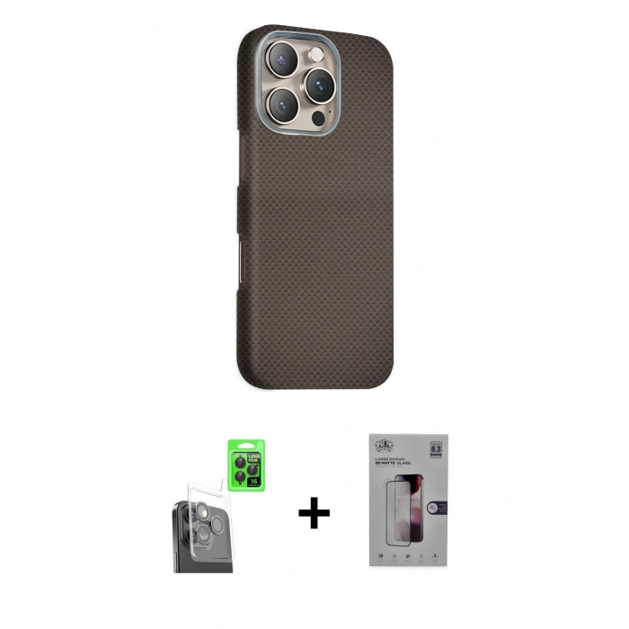 MARSİLYAN™- iPhone 16 Pro Kılıf Kozmos Klasik Prime - Siyah Bilvis 3D Mat Cam Ekran Koruyucu + Raze Metal Kamera Lens - SH