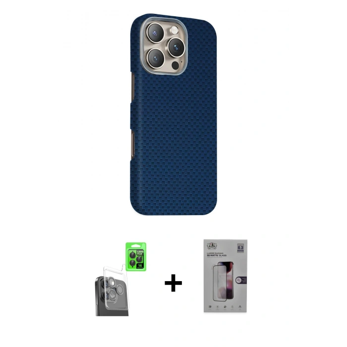 MARSİLYAN™- iPhone 16 Pro Kılıf Kozmos Klasik Prime - Siyah Bilvis 3D Mat Cam Ekran Koruyucu + Raze Metal Kamera Lens - SH