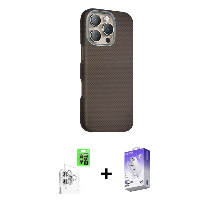 MARSİLYAN™- iPhone 16 Pro Kılıf Kozmos Klasik Prime - Siyah Bilvis 5in1 3D Magic Cam Ekran Koruyucu + Raze Metal Kamera Lens - BZ