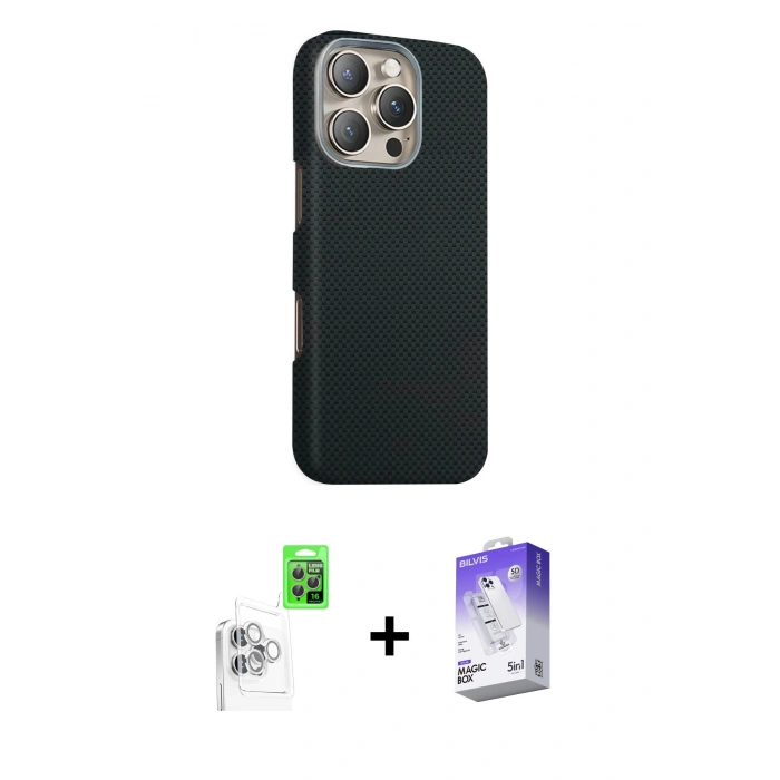MARSİLYAN™- iPhone 16 Pro Kılıf Kozmos Klasik Prime - Siyah Bilvis 5in1 3D Magic Cam Ekran Koruyucu + Raze Metal Kamera Lens - BZ