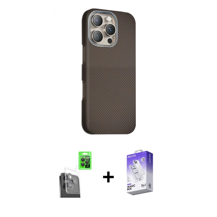 MARSİLYAN™- iPhone 16 Pro Kılıf Kozmos Klasik Prime - Siyah Bilvis 5in1 3D Magic Cam Ekran Koruyucu + Raze Metal Kamera Lens - SH