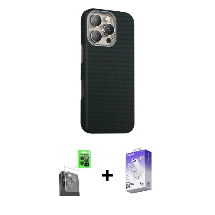 MARSİLYAN™- iPhone 16 Pro Kılıf Kozmos Klasik Prime - Siyah Bilvis 5in1 3D Magic Cam Ekran Koruyucu + Raze Metal Kamera Lens - SH