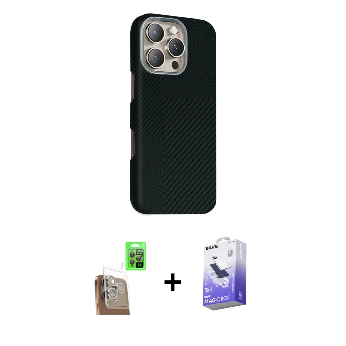 MARSİLYAN™- iPhone 16 Pro Kılıf Kozmos Klasik Prime - Siyah Bilvis 5in1 5D Magic Hayalet Cam Ekran Koruyucu + Raze Metal Kamera Lens - CLTM