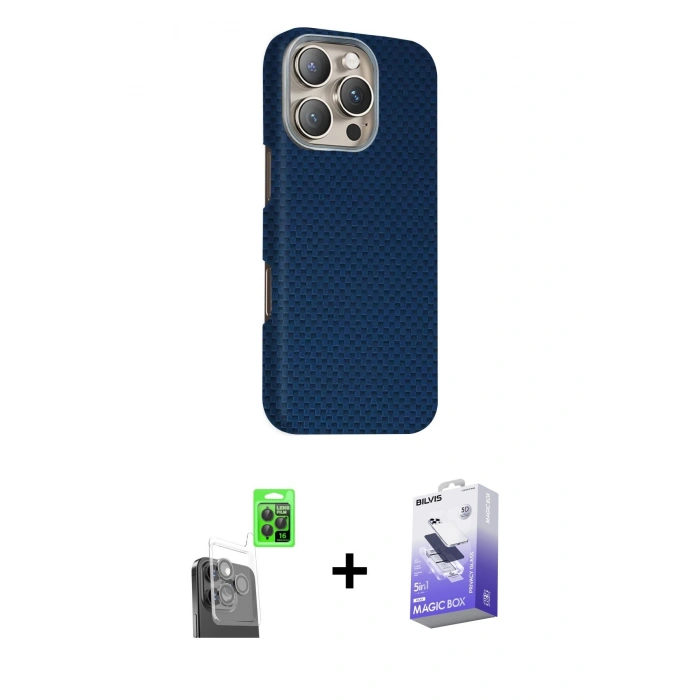 MARSİLYAN™- iPhone 16 Pro Kılıf Kozmos Klasik Prime - Siyah Bilvis 5in1 5D Magic Hayalet Cam Ekran Koruyucu + Siyah Raze Metal Kamera Lens