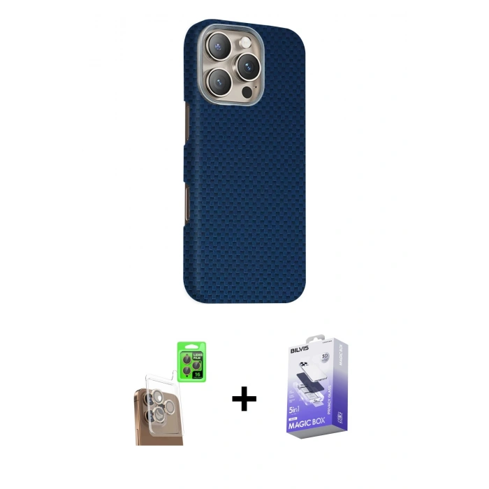 MARSİLYAN™- iPhone 16 Pro Kılıf Kozmos Klasik Prime - Siyah Bilvis 5in1 5D Magic Hayalet Cam Ekran Koruyucu + Raze Metal Kamera Lens - CLTM
