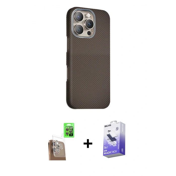 MARSİLYAN™- iPhone 16 Pro Kılıf Kozmos Klasik Prime - Siyah Bilvis 5in1 5D Magic Hayalet Cam Ekran Koruyucu + Raze Metal Kamera Lens - CLTM
