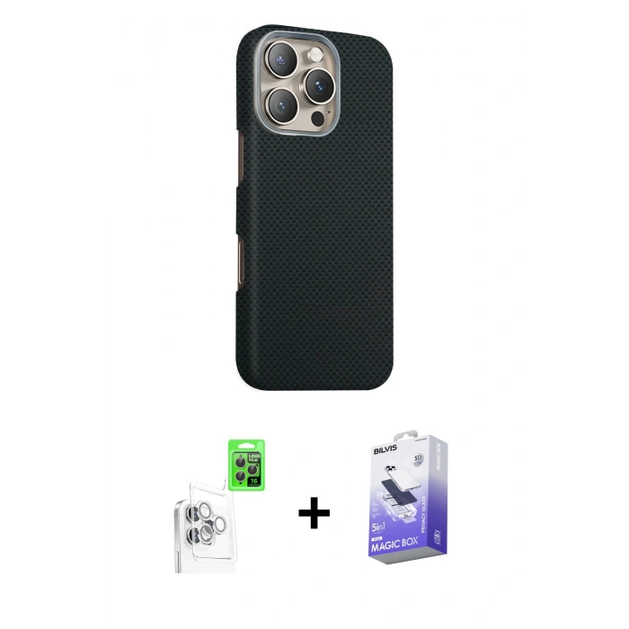 MARSİLYAN™- iPhone 16 Pro Kılıf Kozmos Klasik Prime - Siyah Bilvis 5in1 5D Magic Hayalet Cam Ekran Koruyucu + Raze Metal Kamera Lens - BZ