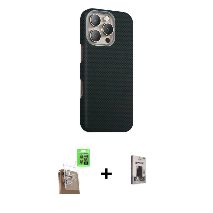 MARSİLYAN™- iPhone 16 Pro Kılıf Kozmos Klasik Prime - Siyah Bilvis Hayalet Cam Ekran Koruyucu + Raze Metal Kamera Lens - CLTM