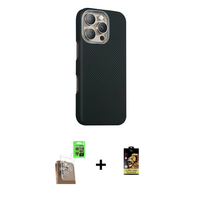 MARSİLYAN™- iPhone 16 Pro Kılıf Kozmos Klasik Prime - Siyah Buffer Cam Ekran Koruyucu + Raze Metal Kamera Lens - CLTM