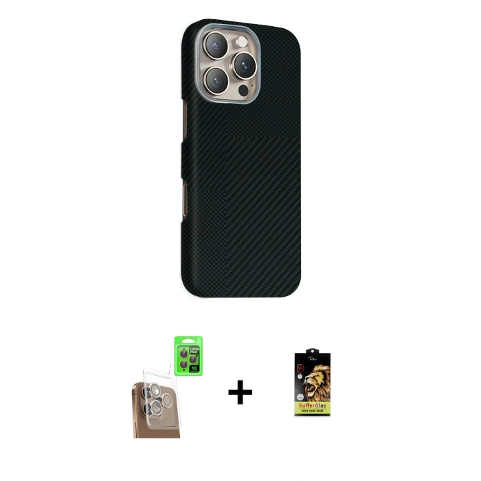MARSİLYAN™- iPhone 16 Pro Kılıf Kozmos Klasik Prime - Siyah Buffer Cam Ekran Koruyucu + Raze Metal Kamera Lens - CLTM