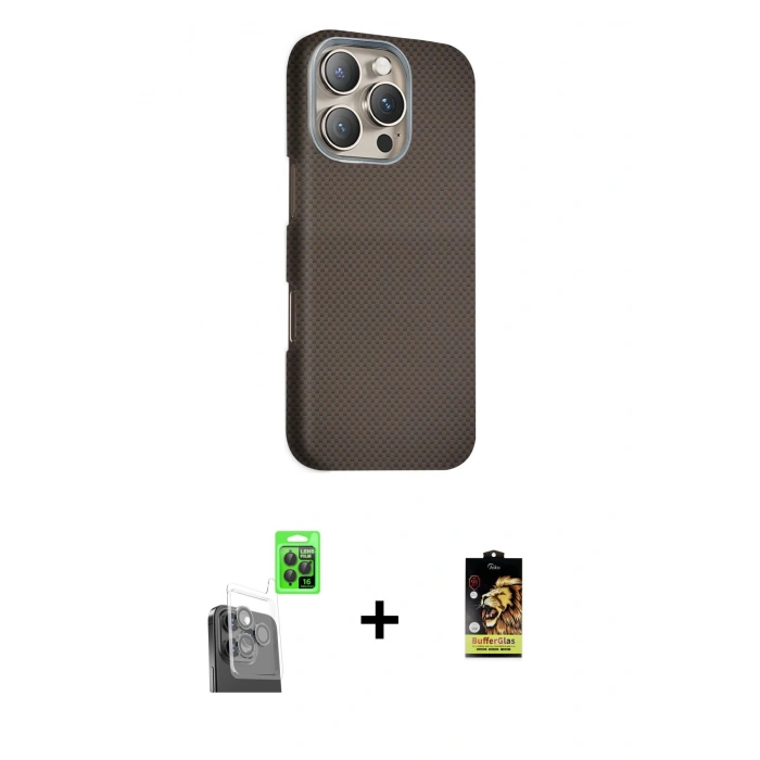 MARSİLYAN™- iPhone 16 Pro Kılıf Kozmos Klasik Prime - Siyah Buffer Cam Ekran Koruyucu + Raze Metal Kamera Lens - SH