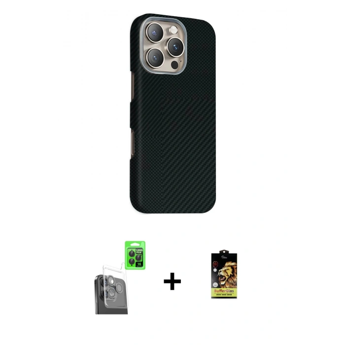 MARSİLYAN™- iPhone 16 Pro Kılıf Kozmos Klasik Prime - Siyah Buffer Cam Ekran Koruyucu + Raze Metal Kamera Lens - SH