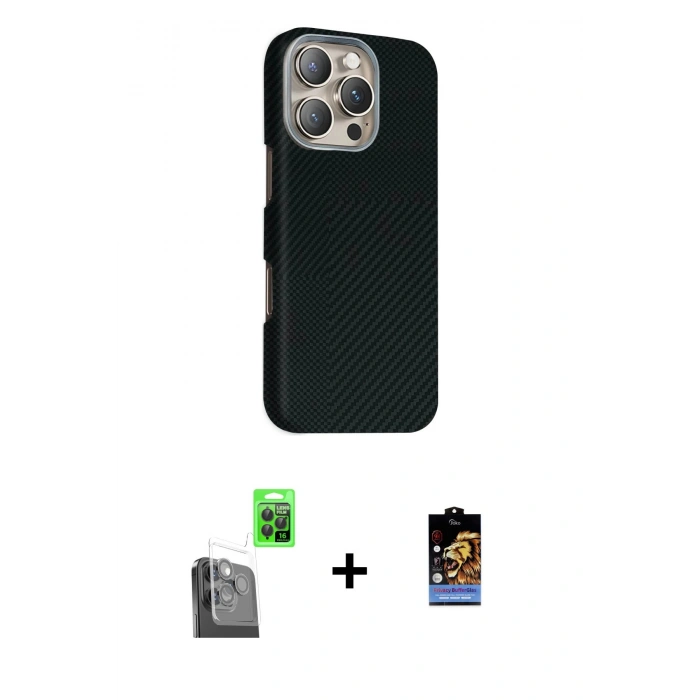 MARSİLYAN™- iPhone 16 Pro Kılıf Kozmos Klasik Prime - Siyah Buffer Hayalet Cam Ekran Koruyucu + Raze Metal Kamera Lens - SH