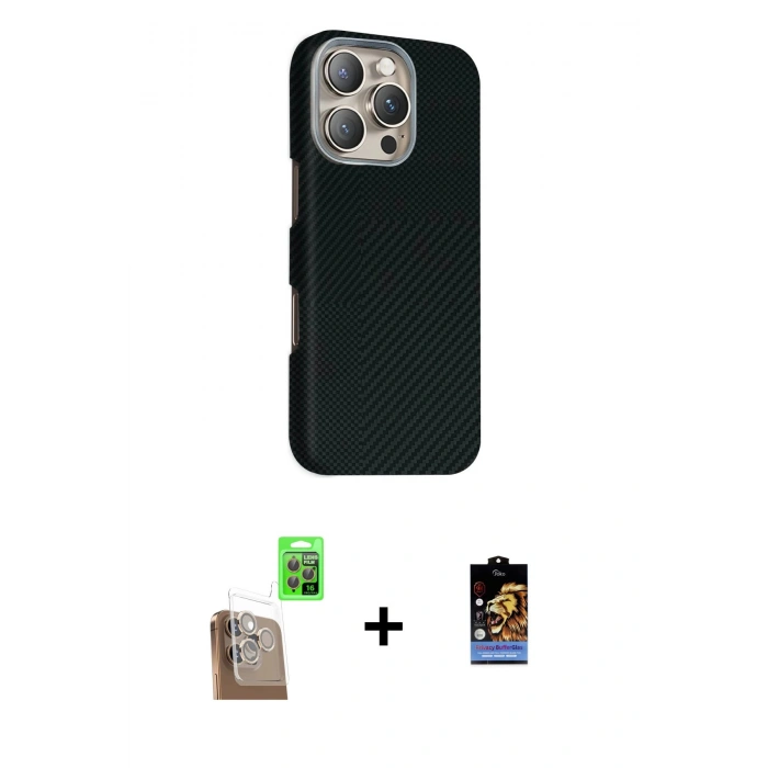 MARSİLYAN™- iPhone 16 Pro Kılıf Kozmos Klasik Prime - Siyah Buffer Hayalet Cam Ekran Koruyucu + Raze Metal Kamera Lens - CLTM