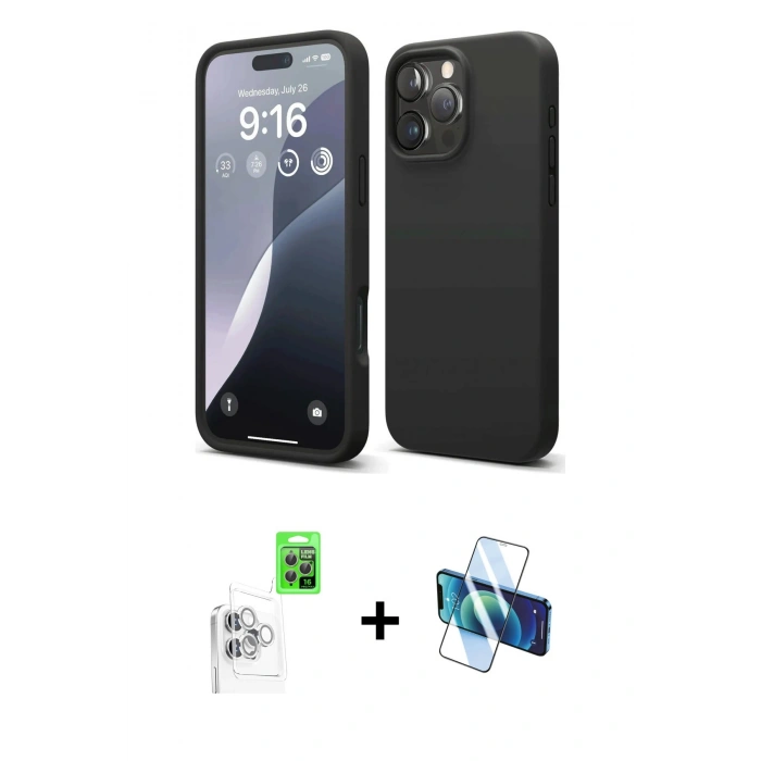 MARSİLYAN™- iPhone 16 Pro Kılıf Kozmos Yansıma Özel Seri - Siyah 3D Antistatik Cam Ekran Koruyucu + Raze Metal Kamera Lens - BZ