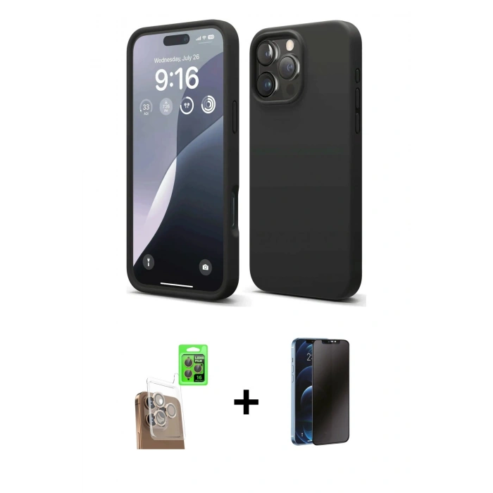 MARSİLYAN™- iPhone 16 Pro Kılıf Kozmos Yansıma Özel Seri - Siyah 3D Antistatik Hayalet Cam Ekran Koruyucu + Raze Metal Kamera Lens - CLTM