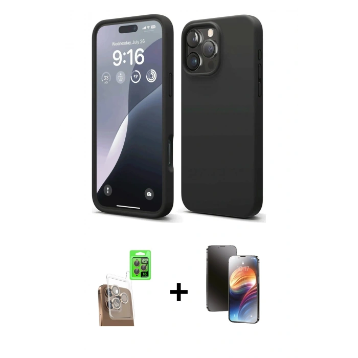 MARSİLYAN™- iPhone 16 Pro Kılıf Kozmos Yansıma Özel Seri - Siyah 3D Antistatik Mat Seramik Nano Ekran Koruyucu + Çöl Titanyum Raze Metal Kamera Lens