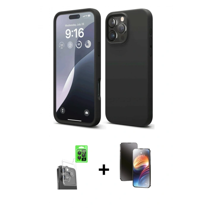 MARSİLYAN™- iPhone 16 Pro Kılıf Kozmos Yansıma Özel Seri - Siyah 3D Antistatik Mat Seramik Nano Ekran Koruyucu + Raze Metal Kamera Lens - SH