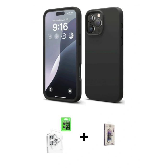 MARSİLYAN™- iPhone 16 Pro Kılıf Kozmos Yansıma Özel Seri - Siyah Bilvis 3D Cam Ekran Koruyucu + Raze Metal Kamera Lens - BZ