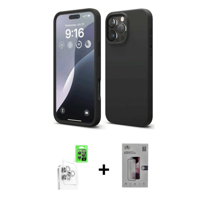MARSİLYAN™- iPhone 16 Pro Kılıf Kozmos Yansıma Özel Seri - Siyah Bilvis 3D Mat Cam Ekran Koruyucu + Beyaz Raze Metal Kamera Lens