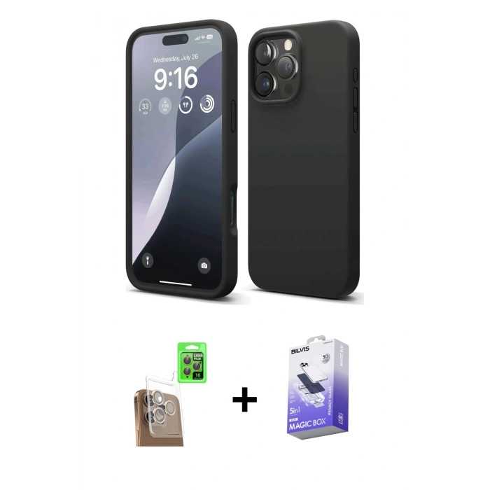 MARSİLYAN™- iPhone 16 Pro Kılıf Kozmos Yansıma Özel Seri - Siyah Bilvis 5in1 5D Magic Hayalet Cam Ekran Koruyucu + Raze Metal Kamera Lens - CLTM