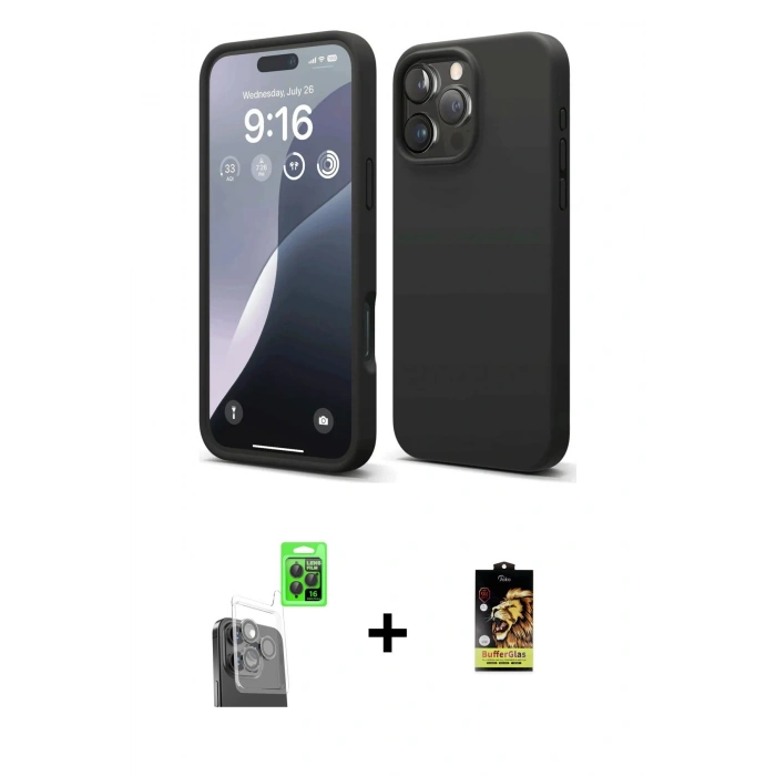 MARSİLYAN™- iPhone 16 Pro Kılıf Kozmos Yansıma Özel Seri - Siyah Buffer Cam Ekran Koruyucu + Raze Metal Kamera Lens - SH